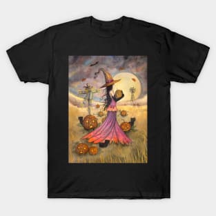 October Fields Halloween Witch and Scarecrow Fantasy Art T-Shirt